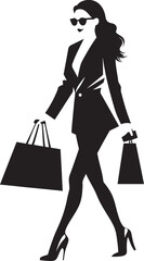 Vogue Vision: Iconic Vector Logo of Fashionable Shopper Urban Elegance: Young Woman with Shopping Bag Emblem