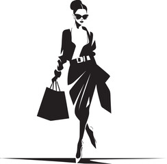Stylish Shopaholic: Trendy Lady with Shopping Bag Icon Trendsetter's Style: Fashion-Forward Woman's Shopping Bag Emblem