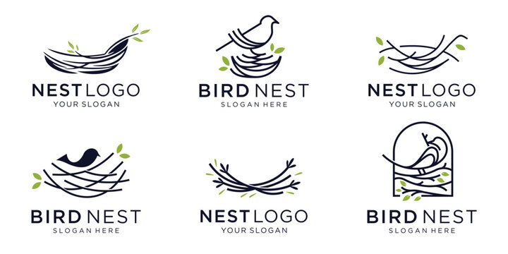 minimalist of bird's nest logo design collection. bird nest with simple roots and leaves vector illustration.