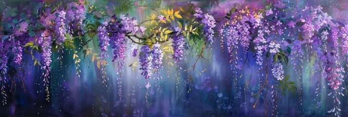 Nature's Purple Veil: The Graceful Flow of Blooming Wisteria Vines in the Springtime Garden