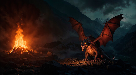 Dragon in the mountains with fire