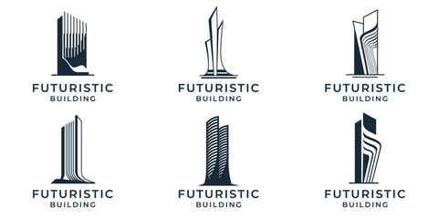 Collection of Futuristic building architecture logo design templates vector illustration on white background.