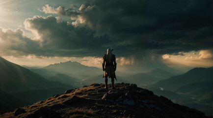 Viking in armor stands in the rocky mountains