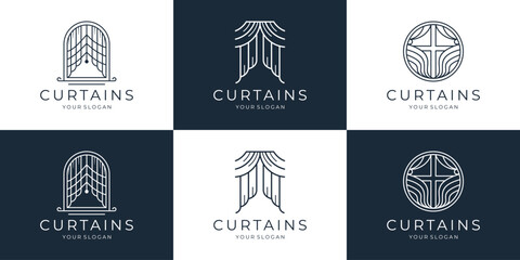 set of mono line curtains logos collection. Different kinds of windows curtains outline icons set vector illustration.