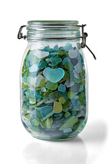 Glass jar with glass sea shards of bottles polished by waves in the shape of a heart isolated on a white background