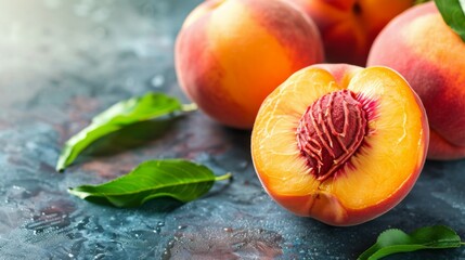 Closeup of a fresh and juicy ripe peach with half cut revealing the seed and leaves with waterdrops - obrazy, fototapety, plakaty