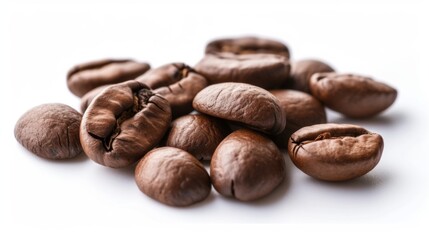 Roasted Coffee Beans Close-up Shot on White Background with Copy Space for Text. A close-up photo of freshly roasted coffee beans against a white backdrop, showcasing their texture and color. 