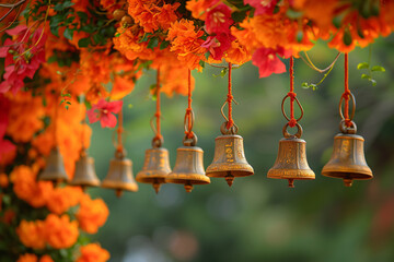 Obraz premium Buddhist golden bell hanging on festival background with orange marigold flowers. Ritual hand bell in Buddhist temple. Diwali, Ugadi or Gudi Padwa Indian festival decoration