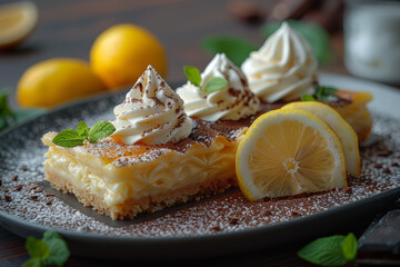A citrusy lemon tart topped with a dollop of sweet whipped cream and a sprinkle of bitter cocoa powder. Concept of classic desserts with a modern twist. Generative Ai.