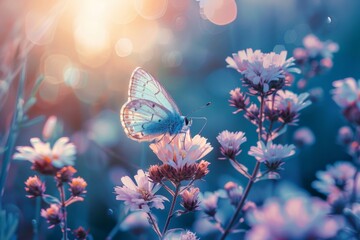 Fragile pastel coloured butterfly on a light background with shadows. Aesthetic nature concept. Generative AI. Beautiful simple AI generated image in 4K, unique. - obrazy, fototapety, plakaty
