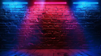 a brick wall with blue and pink lights