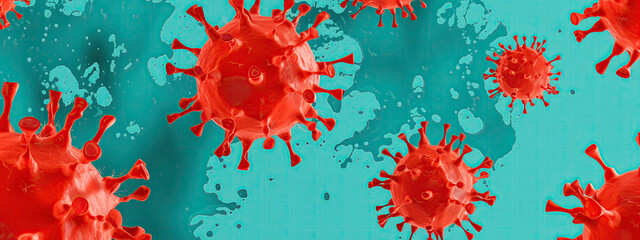 illustration of red blood cells of the virus on a blue-brown background - obrazy, fototapety, plakaty