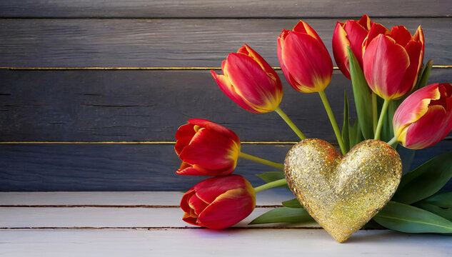 Tulipes rouges, fleurs sur les planches. Fond floral, coeur d'or