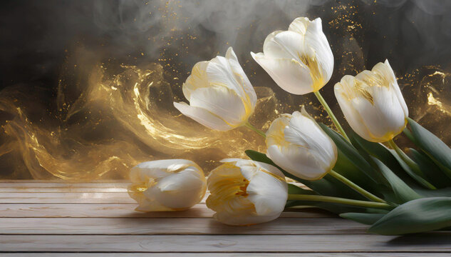 Tulipes, fleurs blanches printanières sur planches. 
Fond floral abstrait. Accessoires en or, décoration