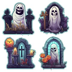 Set of Halloween stickers, cartoon ghosts, crosses and graves. - obrazy, fototapety, plakaty