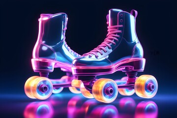 Neon glow roller skates on dark background