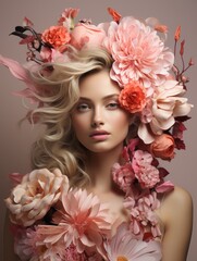 A beautiful woman with blonde hair and a pink floral headdress.