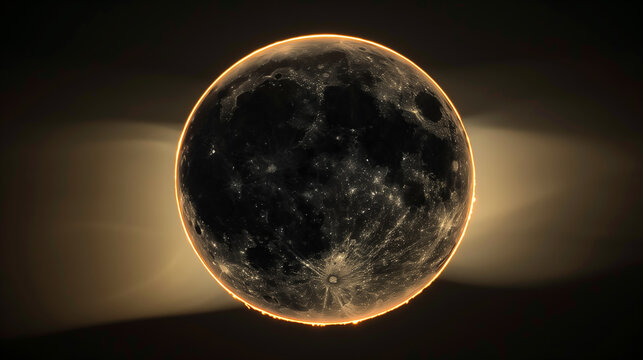 Lunar Halo. A detailed view of the moon with a glowing halo against a dark space backdrop. solar eclipse