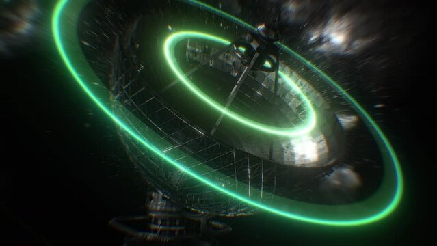 A large space satellite dish emitting glowing pulses to send out messages in the search for extraterrestrial life.