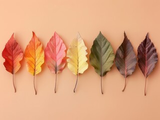 Autumn leaves each one in different dim pastel colors standing against minimal pastel background