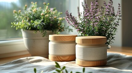 On linen fabric, two jars of natural cosmetics