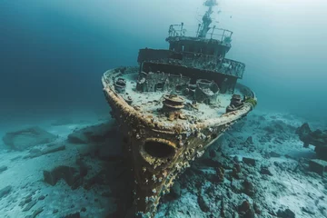 Papier Peint photo Naufrage A shipwreck is seen in the ocean with a lot of debris and fish swimming around it. Scene is eerie and mysterious, as the ship is long gone and the ocean is filled with life