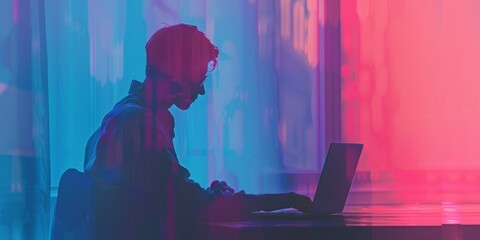 Blue silhouette of a man working on laptop computer in minimal business surround, pink and blue colors - Powered by Adobe