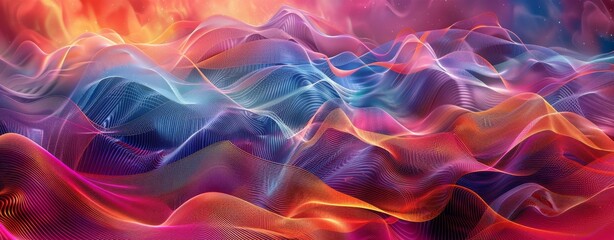 Abstract background with colorful sound waves and wave forms. Abstract digital landscape with glowing neon lights. Futuristic networking connections