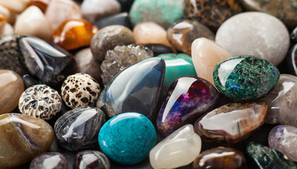 assorted gemstones on sandy beach background. Vibrant colors and textures