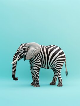 Creative concept made of elephant with zebra stripes on body against pastel blue background