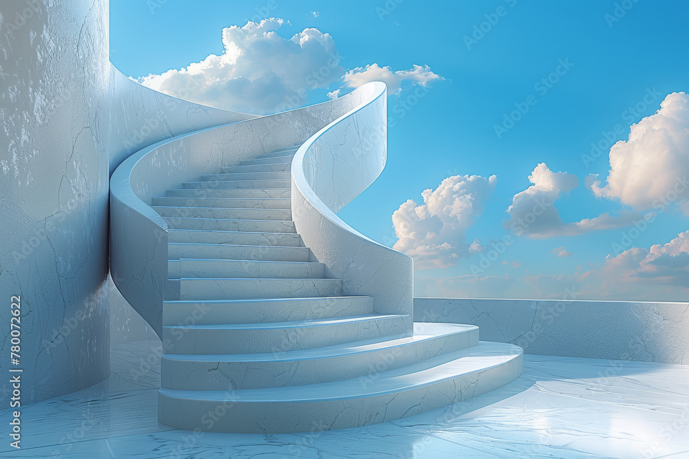 Poster an abstract depiction of a spiral staircase ascending towards the sky, symbolizing progress and evol