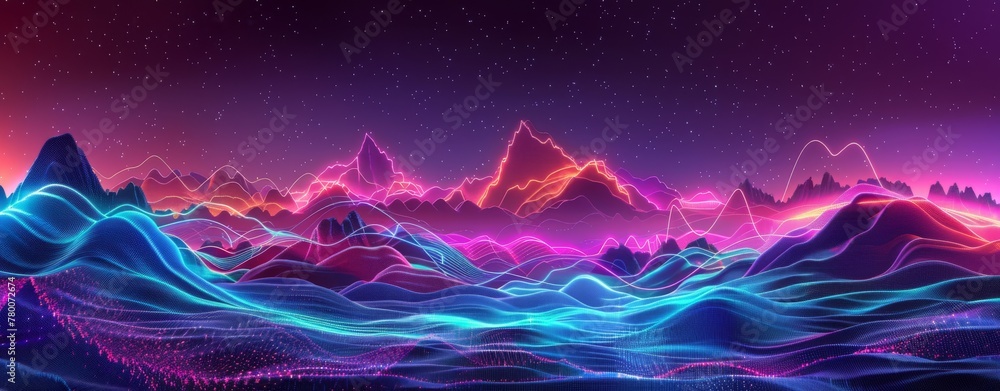 Wall mural abstract background with colorful sound waves and wave forms. abstract digital landscape with glowin