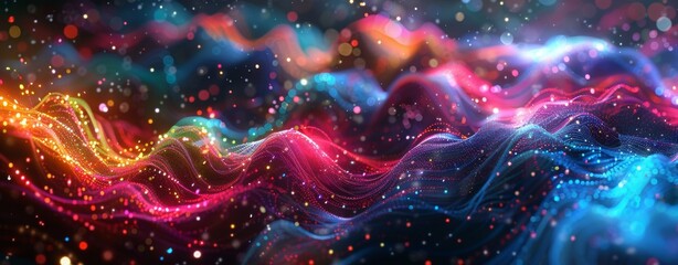 Abstract background with colorful sound waves and wave forms. Abstract digital landscape with glowing neon lights. Futuristic networking connections - obrazy, fototapety, plakaty