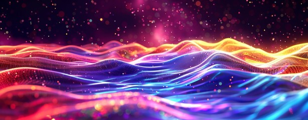 Abstract background with colorful sound waves and wave forms. Abstract digital landscape with glowing neon lights. Futuristic networking connections