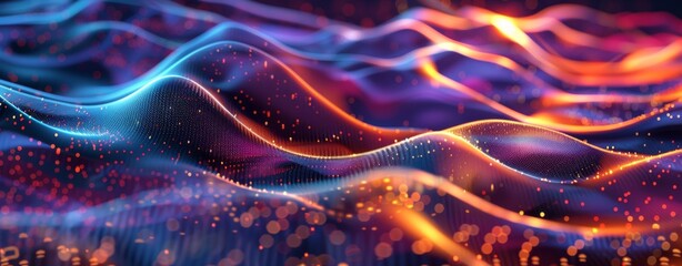 Abstract background with colorful sound waves and wave forms. Abstract digital landscape with glowing neon lights. Futuristic networking connections