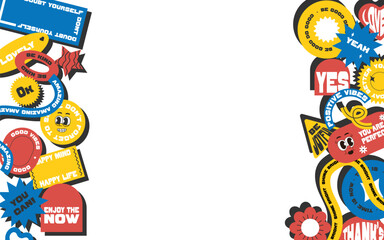 Fototapeta premium Banner with stickers in y2k style. Positive and festive phrases and words. Isolated trendy elements. 