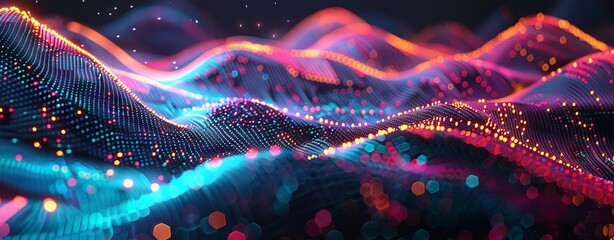 Abstract background with colorful sound waves and wave forms. Abstract digital landscape with glowing neon lights. Futuristic networking connections