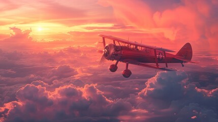 The red biplane is flying through the clouds in a retro style. - obrazy, fototapety, plakaty