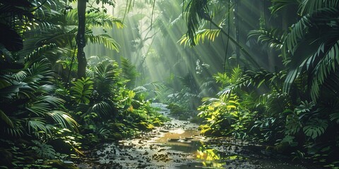 a stream in a forest with trees and plants with Tropical rainforest in the background