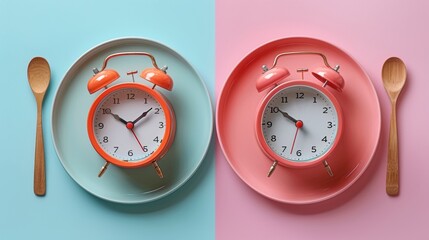 Decorative alarm clock and wooden spoon on pink plate. Concept of intermittent fasting, lunchtime, diet and weight loss - obrazy, fototapety, plakaty