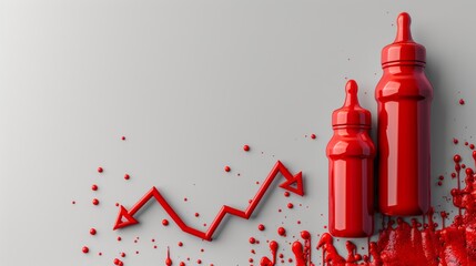 Depopulation, demographic crisis, baby bottles depicted as graphs and down arrows. 3D illustration. - obrazy, fototapety, plakaty