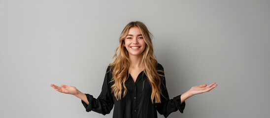A woman with long blonde hair is smiling and holding her hands out to the side. Concept of happiness and positivity. Photo of cheerful glad gorgeous girl wear black trendy clothes recommend quality