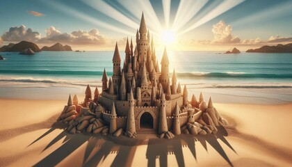 sand castle on a beautiful tropical beach, Vacation chill sea ocean vibe, Travel vacations banner, background concept, - obrazy, fototapety, plakaty