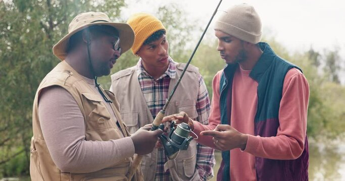 Camping, friends and fishing help with fisherman gear, river and casting advice by lake. Adventure, vacation and men with conversation and nature hobby with activity and holiday water sport together