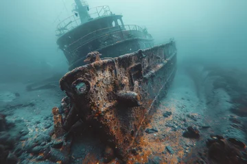 Papier Peint photo Lavable Naufrage A shipwreck is seen in the ocean with a lot of debris and fish swimming around it. Scene is eerie and mysterious, as the ship is long gone and the ocean is filled with life