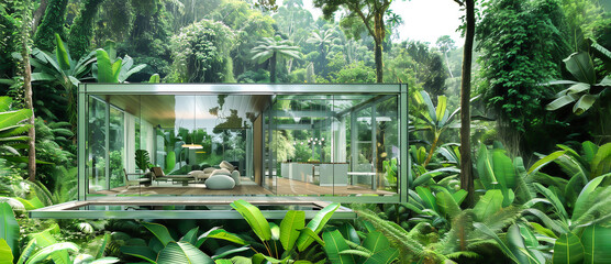 Sustainable High Tech Modern Glass Building, House. Construction Surrounded By Lush Rainforest, Nature. Eco Villa Protecting Natural Landscapes. Luxury Romantic Home, Architecture Ai Generated.