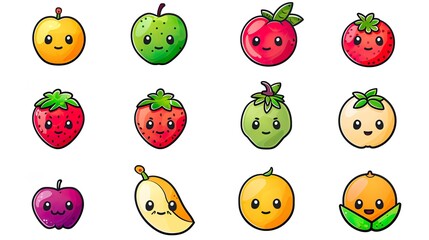 simple 2d kawaii colorful fruits set icons, white background