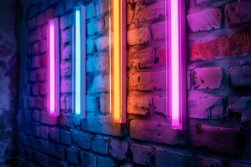 A brick wall with a pink hue and a blurry background. Neon lights. The wall appears to be wet and has a shiny, reflective surface. Scene is one of mystery and intrigue, as the blurry background