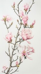 magnolia painting tree, light pink, white background
