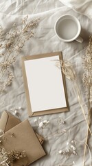 aesthetic mockup of a blank invitation viewed from above, with neutral beige and brown colour